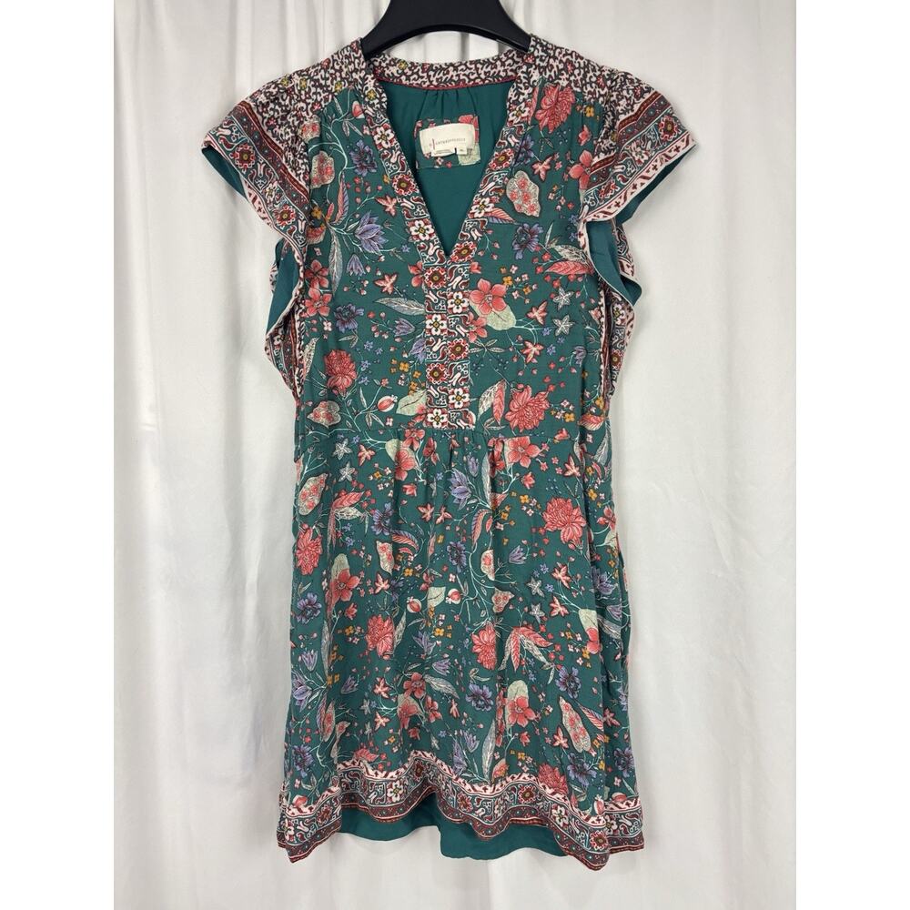 Anthropologie Zenia Babydoll Floral Mini Dress Teal V Neck Boho Pockets Flowy